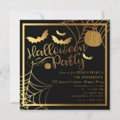 ブラック&金ゴールドこうもりカボチャエレガントハローウィンパーティ 招待状 (正面)