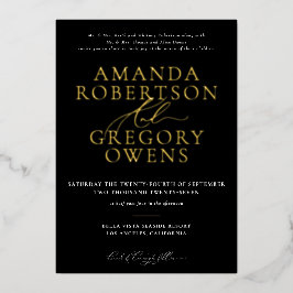 ブラック&金ゴールドとスクリプトエレガントなウェディング招待状 箔招待状