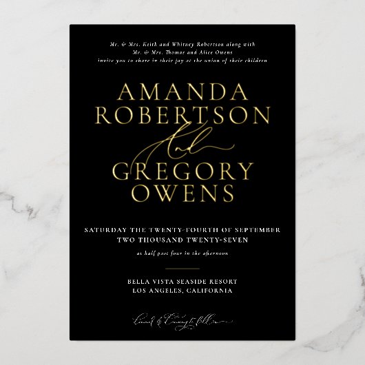 ブラック&金ゴールドとスクリプトエレガントなウェディング招待状 箔招待状 (正面)