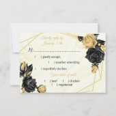 ブラック&金ゴールドの花の食事の選択 出欠カード (正面)