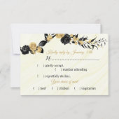 ブラック&金ゴールドの花の食事の選択 出欠カード (正面)