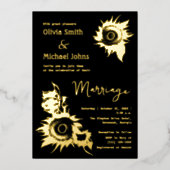 ブラック&金ゴールドひまわり結婚式招待状 箔シーズンカード (正面)