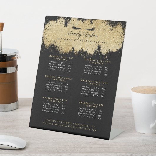 ブラック&金ゴールドまつ毛美しいサロンサービスリスト 台座サイン (インサイチュ)