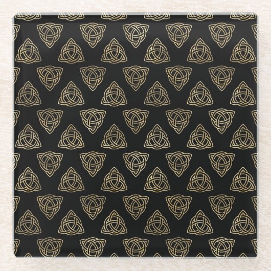 ブラック&金ゴールドアイリッシュケルト結び目模様&クロス ガラスコースター (正面)