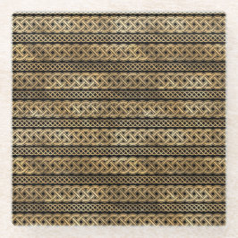 ブラック&金ゴールドアイリッシュケルト結び目模様&クロス ガラスコースター