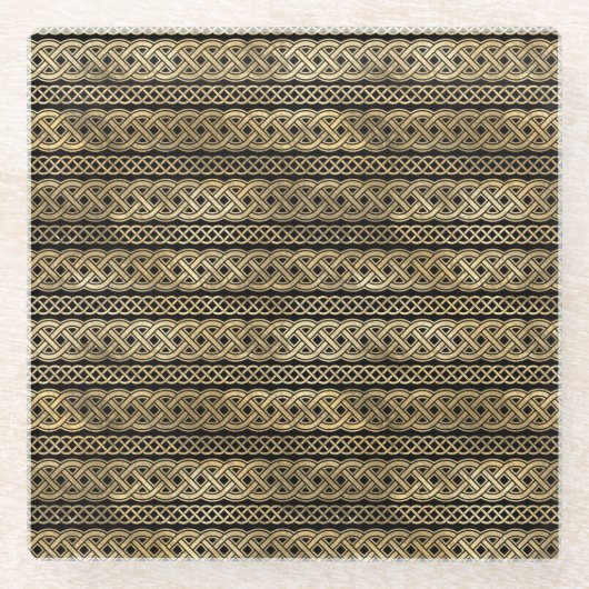 ブラック&金ゴールドアイリッシュケルト結び目模様&クロス ガラスコースター (正面)