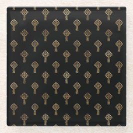 ブラック&金ゴールドアイリッシュケルト結び目模様&クロス ガラスコースター
