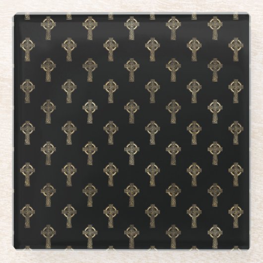 ブラック&金ゴールドアイリッシュケルト結び目模様&クロス ガラスコースター (正面)