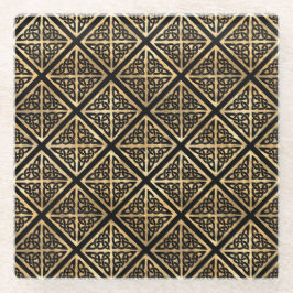 ブラック&金ゴールドアイリッシュケルト結び目模様&クロス ガラスコースター