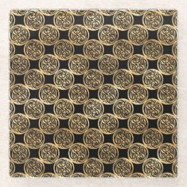 ブラック&金ゴールドアイリッシュケルト結び目模様&クロス ガラスコースター