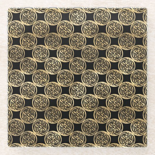 ブラック&金ゴールドアイリッシュケルト結び目模様&クロス ガラスコースター (正面)