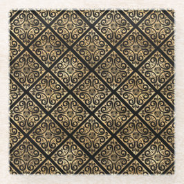 ブラック&金ゴールドアイリッシュケルト結び目模様&クロス ガラスコースター