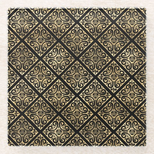 ブラック&金ゴールドアイリッシュケルト結び目模様&クロス ガラスコースター (正面)