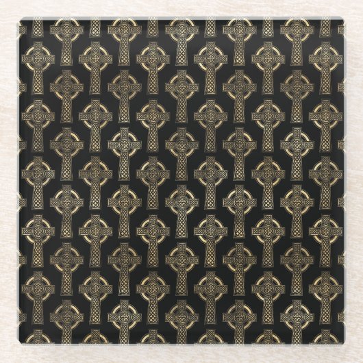 ブラック&金ゴールドアイリッシュケルト結び目模様&クロス ガラスコースター (正面)