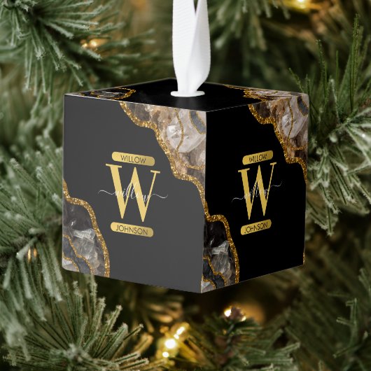 ブラック&金ゴールドアゲートゲードグリッターモノグラムマーブル キューブオーナメント (ツリー)