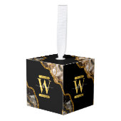 ブラック&金ゴールドアゲートゲードグリッターモノグラムマーブル キューブオーナメント (正面アングル)