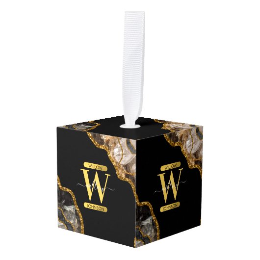 ブラック&金ゴールドアゲートゲードグリッターモノグラムマーブル キューブオーナメント (正面アングル)