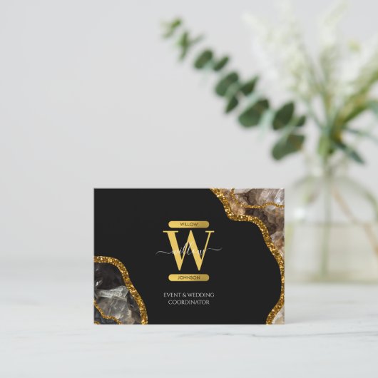 ブラック&金ゴールドアゲートゲードグリッターモノグラムマーブル 名刺 (スタンド正面)