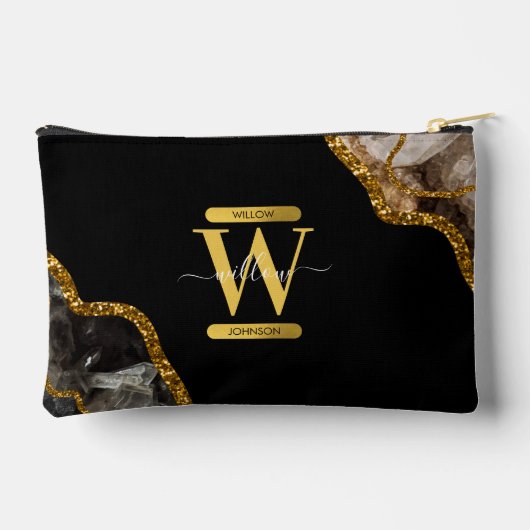 ブラック&金ゴールドアゲートゲードグリッターモノグラム アクセサリーポーチ (裏面)