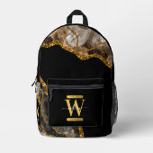 ブラック&金ゴールドアゲートゲードグリッターモノグラム プリントバックパック (正面)