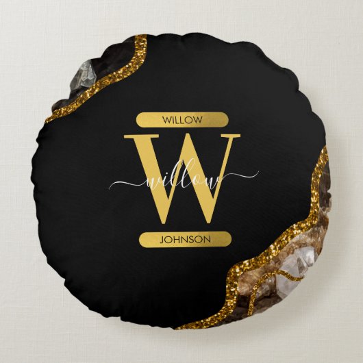 ブラック&金ゴールドアゲートゲードグリッターモノグラム ラウンドクッション (正面)
