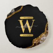 ブラック&金ゴールドアゲートゲードグリッターモノグラム ラウンドクッション (裏面)