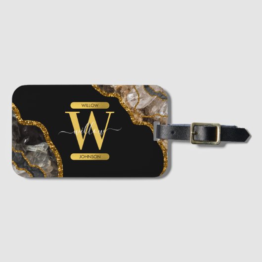 ブラック&金ゴールドアゲートゲードグリッターモノグラム ラゲッジタグ (正面横)