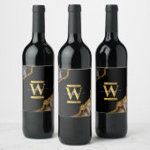 ブラック&金ゴールドアゲートゲードグリッターモノグラム ワインラベル (ボトル)