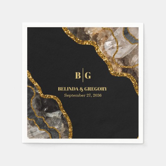 ブラック&金ゴールドアゲートゲードグリッター結婚ズ スタンダードカクテルナプキン (正面)