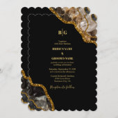 ブラック&金ゴールドアゲートゲードグリッター結婚ズ 招待状 (正面/裏面)