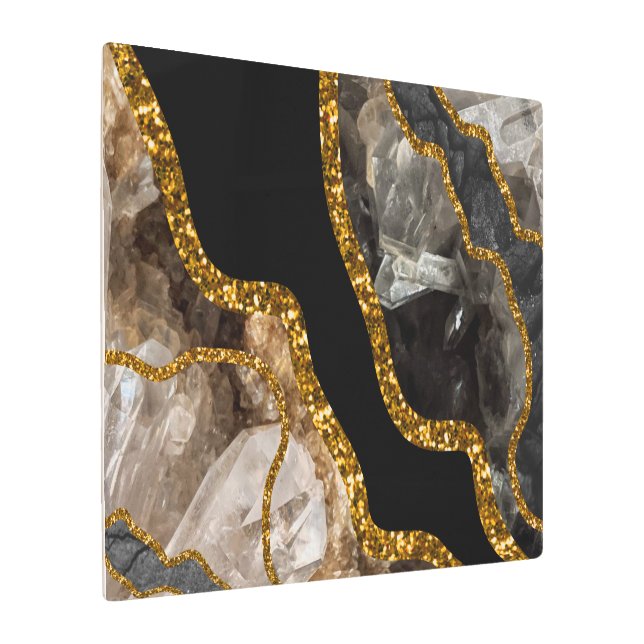 ブラック&金ゴールドアゲートゲードグリッター メタルプリント (アングル)