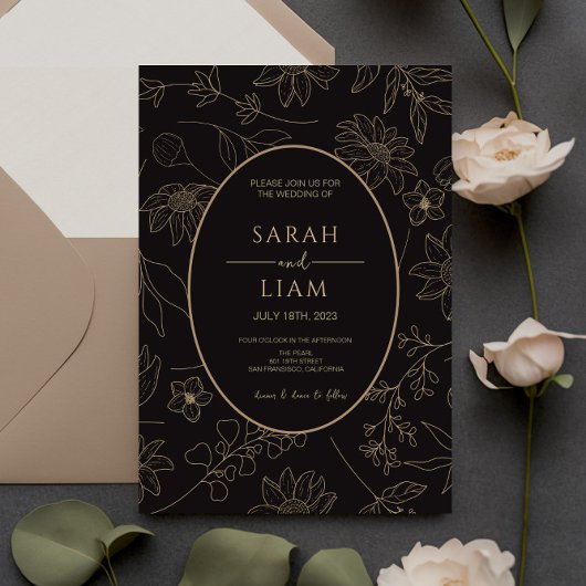 ブラック&金ゴールドアネモネラインアートワイルドフラワー結婚ズ 招待状