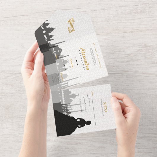 ブラック&金ゴールドアラビアンキンセニェラ オールインワン招待状 (貼ってはがせる)