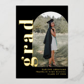 ブラック&金ゴールドアーチフォトタイポグラフィ卒業 箔招待状 (正面)