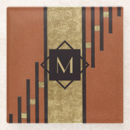 ブラック&金ゴールドアールデコカスタムモノグラム ガラスコースター