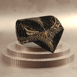 ブラック&金ゴールドアールデコビーズ：新年/1920年代パーティー ネクタイ