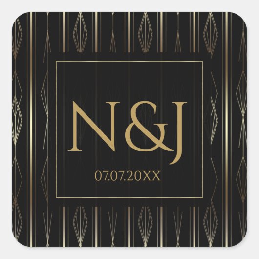 ブラック&金ゴールドアールデコブライダルシャワー スクエアシール (正面)