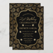 ブラック&金ゴールドアールデコヴィンテージフレーム21st誕生日 招待状 (正面/裏面)