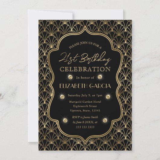 ブラック&金ゴールドアールデコヴィンテージフレーム21st誕生日 招待状 (正面)
