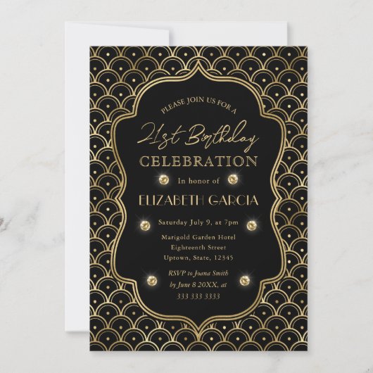 ブラック&金ゴールドアールデコヴィンテージフレーム21st誕生日 招待状 (正面)