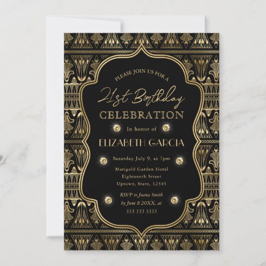 ブラック&金ゴールドアールデコヴィンテージフレーム21st誕生日 招待状 (正面)