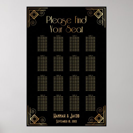 ブラック&金ゴールドアールデコ16テーブル座席表 ポスター (正面)