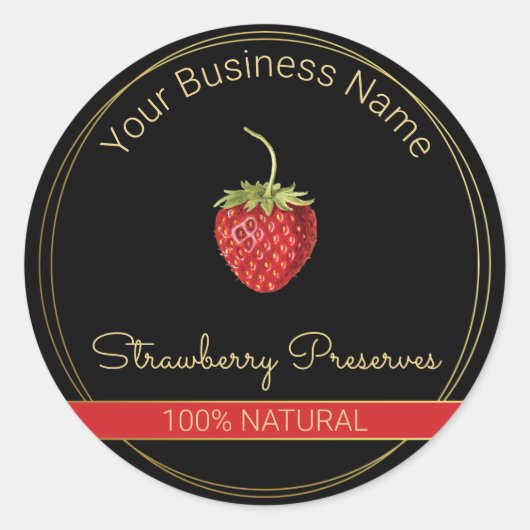 ブラック&金ゴールドイチゴ保存製品ラベル ラウンドシール (正面)