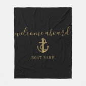 ブラック&金ゴールドウェルカムクアボードいかりボート名 フリースブランケット (正面)