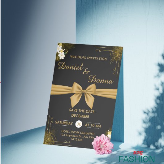 ブラック&金ゴールドエレガモダンントウェディングお祝い セーブザデート