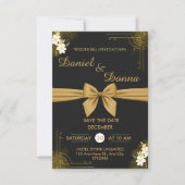 ブラック&金ゴールドエレガモダンントウェディングお祝い セーブザデート (正面)