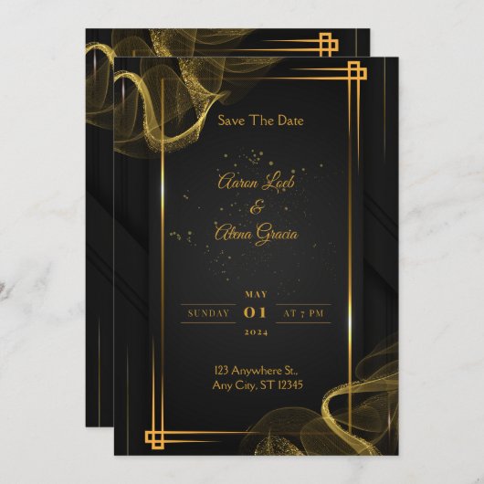 ブラック&金ゴールドエレガントウェディング招待状 招待状 (正面/裏面)