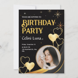 ブラック&金ゴールドエレガントハッピーバースデー招待状 招待状