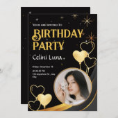 ブラック&金ゴールドエレガントハッピーバースデー招待状 招待状 (正面/裏面)