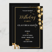 ブラック&金ゴールドエレガントバースデーパーティー招待状 招待状 (正面/裏面)